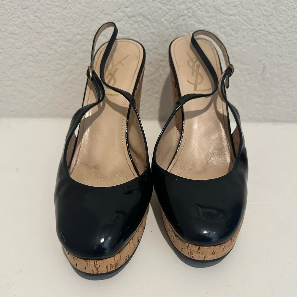 Yves Saint Laurent YSL Black Patent Leather Slingback Cork Wedge Platform EU 40